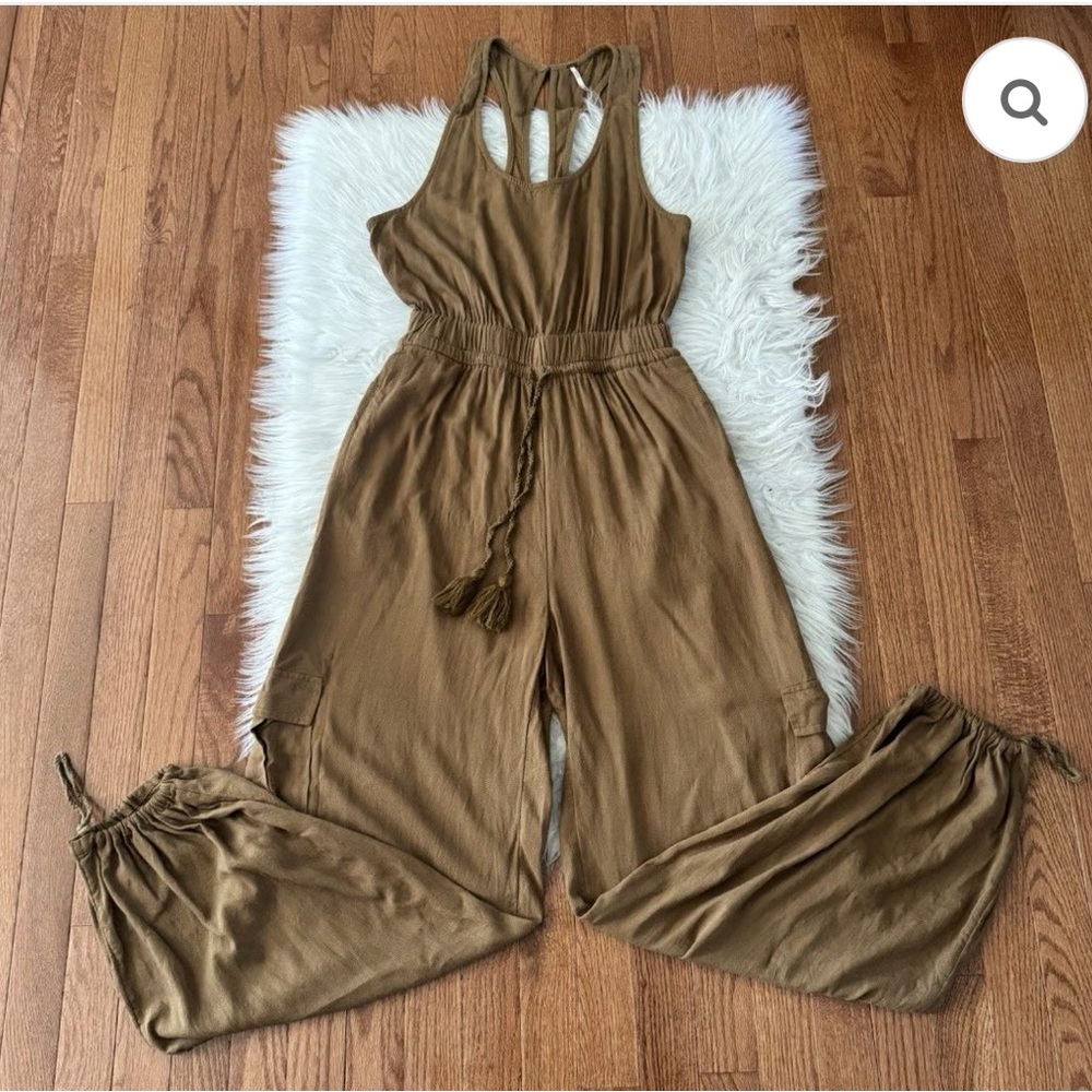 Free People Brown XS linen blend Jumpsuit tie waist long cargo pants